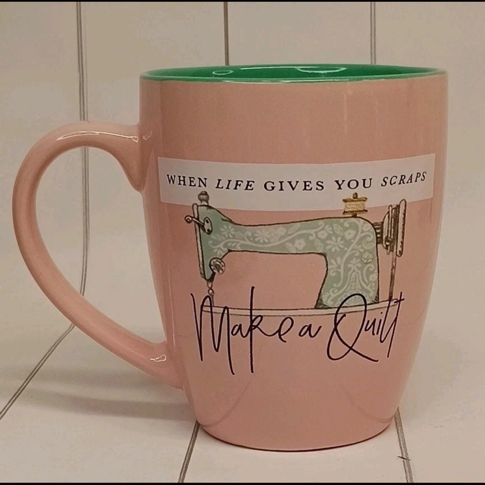 When Life Gives You Scraps Make A Quilt Coffee Mug Pink w Teal Inside Sewing